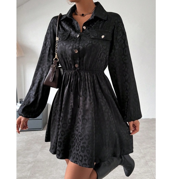 Luxe Black Leopard Print Satin Button Stretchy Waist Long Sleeve Dress - Picture 5 of 6
